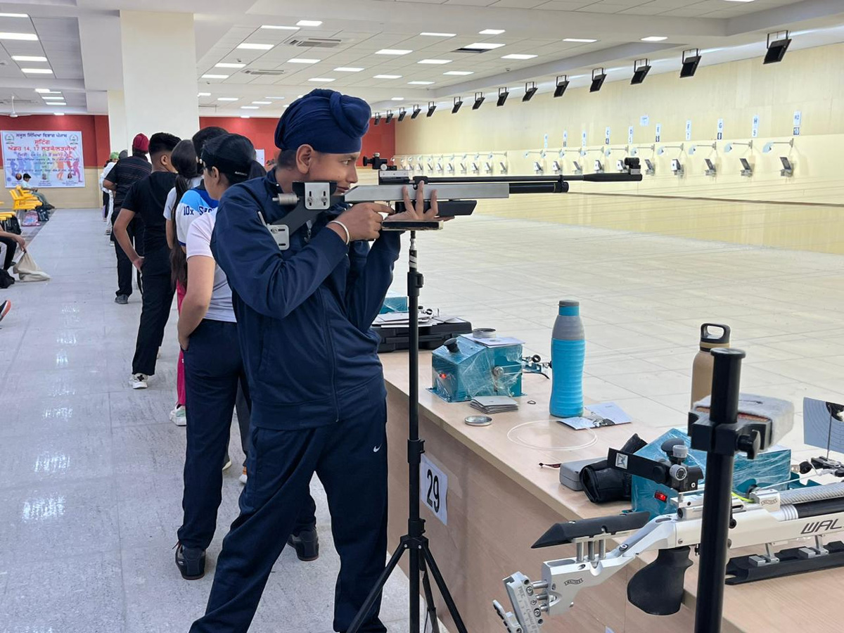 Patiala's Onam in girls and Sangrur's Samrath Singh in the boys' Open Sight competition in the 14-year category during the 67th State Level Rifle Shooting Competition.